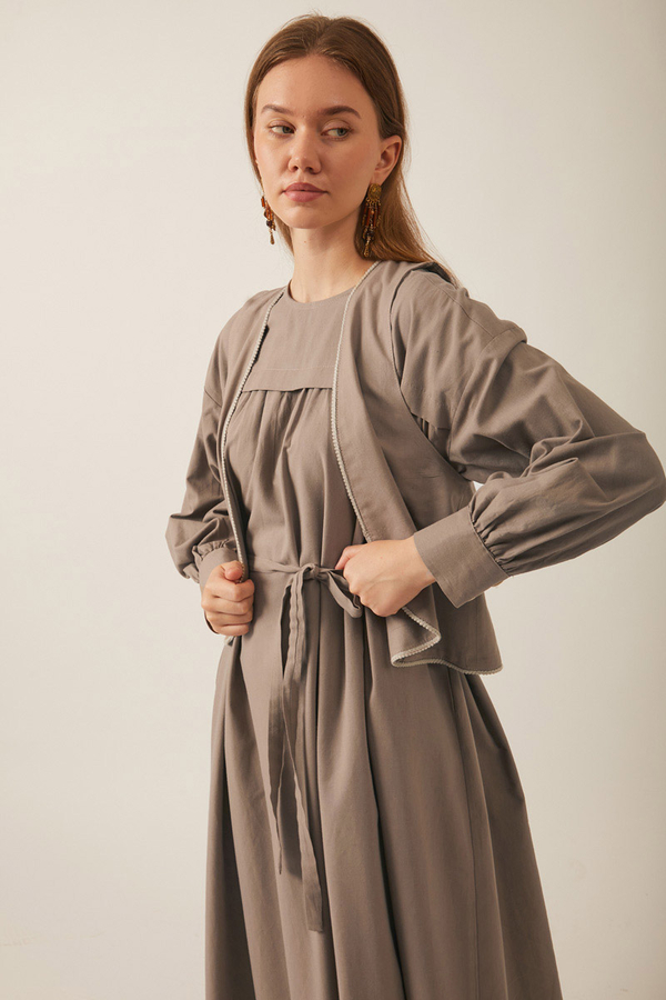 Kayra Yelekli Elbise Takım Vizon 