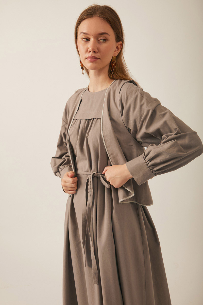 Kayra Yelekli Elbise Takım Vizon