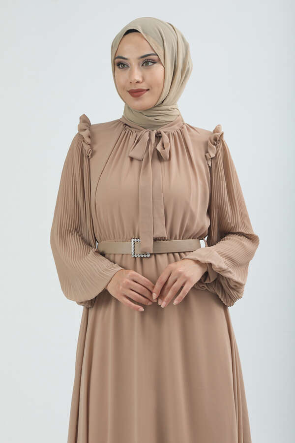 Kemeri Taşlı Elbise Bej - 3