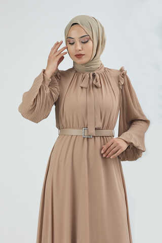 Kemeri Taşlı Elbise Bej - 4