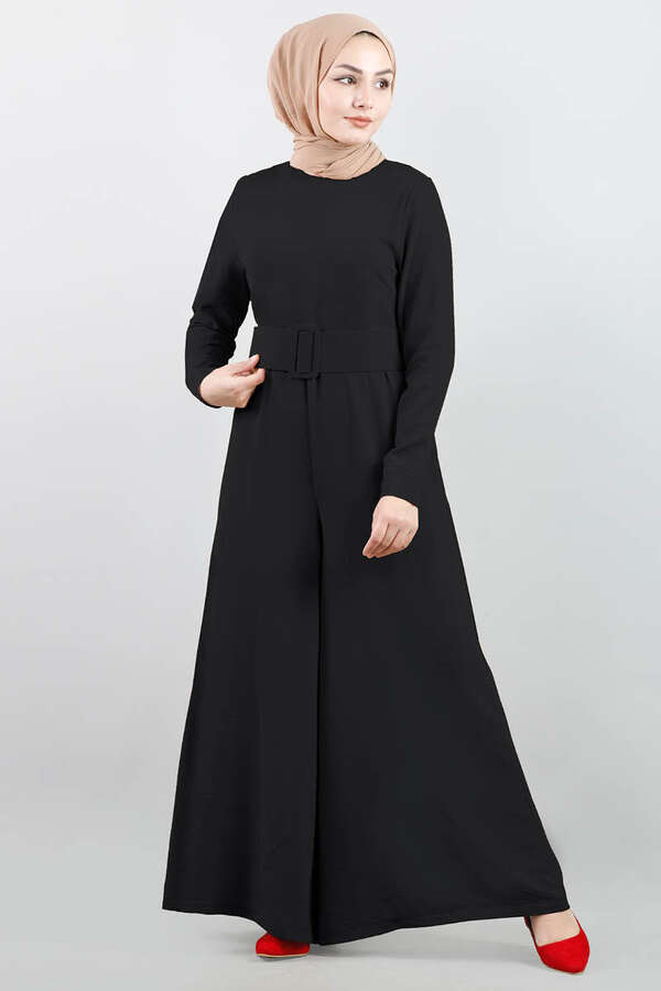 Belted Plain Jumpsuit Black - 1