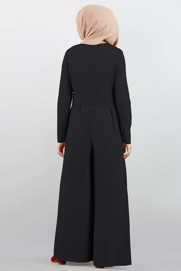 Belted Plain Jumpsuit Black - 2