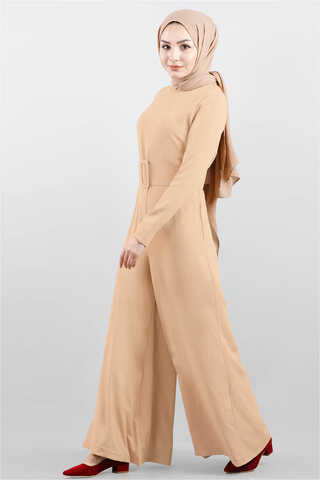 Belted Plain Jumpsuit Camel - 1