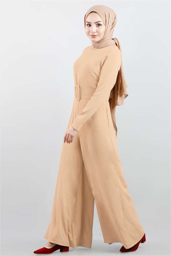 Belted Plain Jumpsuit Camel - 1