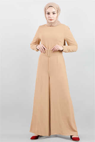 Belted Plain Jumpsuit Camel - 2