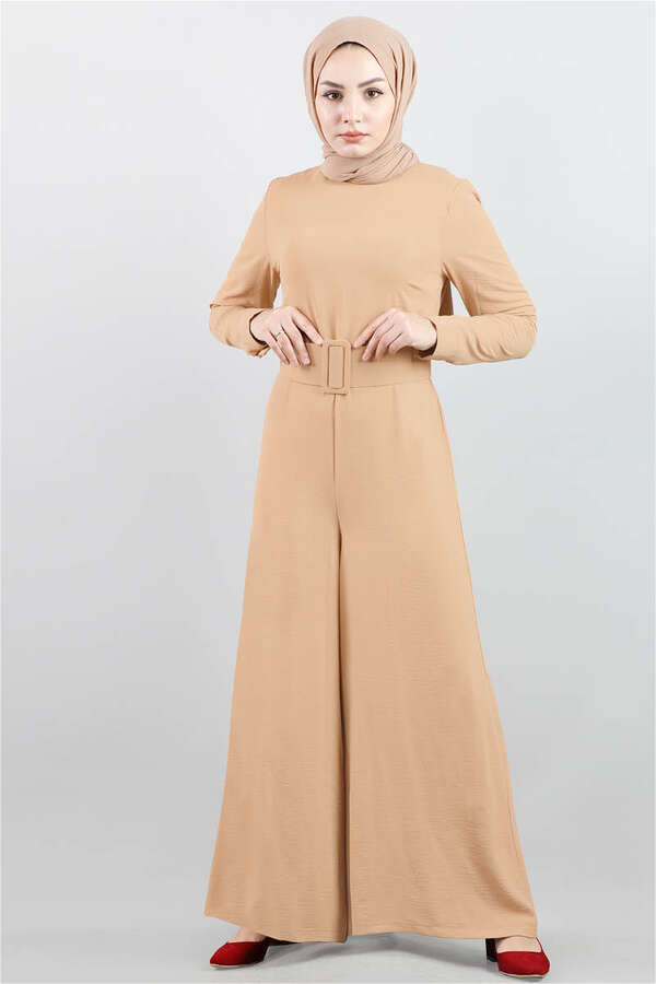 Belted Plain Jumpsuit Camel - 2