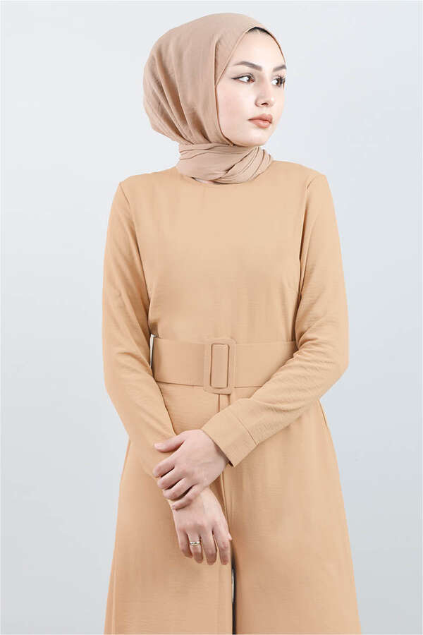 Belted Plain Jumpsuit Camel - 3