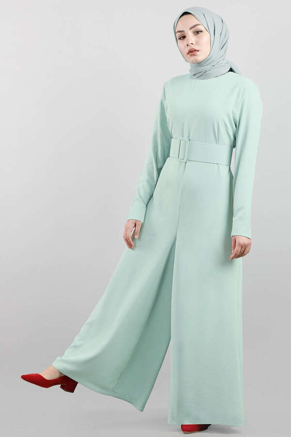 Belted Plain Jumpsuit Water Green - 1