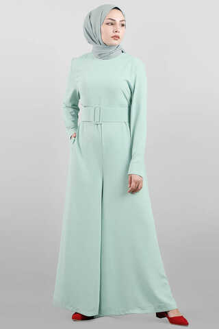 Belted Plain Jumpsuit Water Green - 2