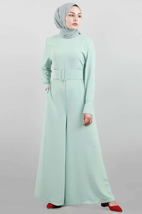 Belted Plain Jumpsuit Water Green - 2