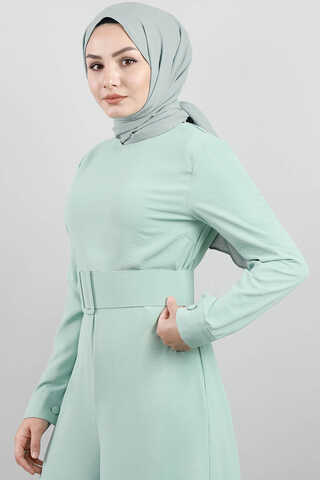 Belted Plain Jumpsuit Water Green - 4