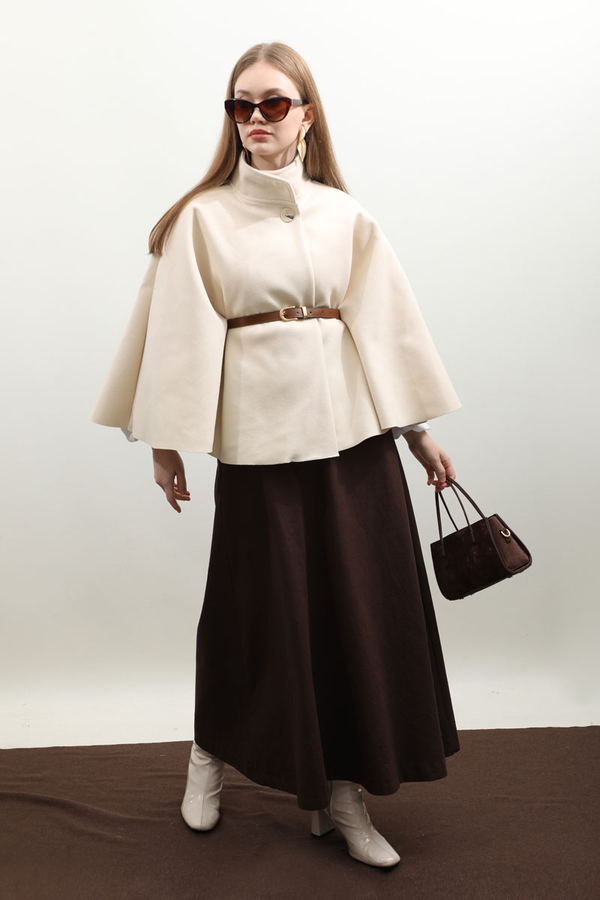 Kemerli Kısa Panço Ekru - 1