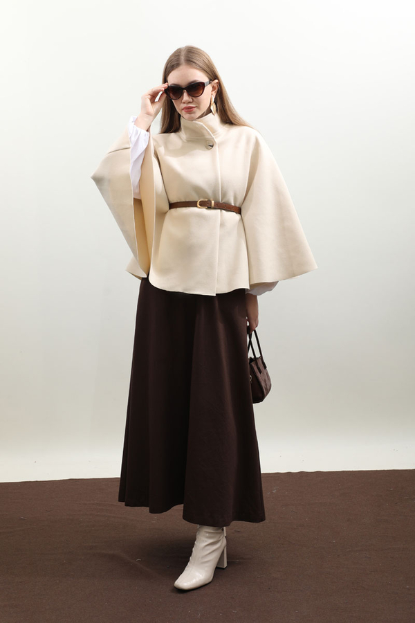 Kemerli Kısa Panço Ekru - 2