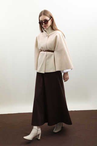 Kemerli Kısa Panço Ekru - 5