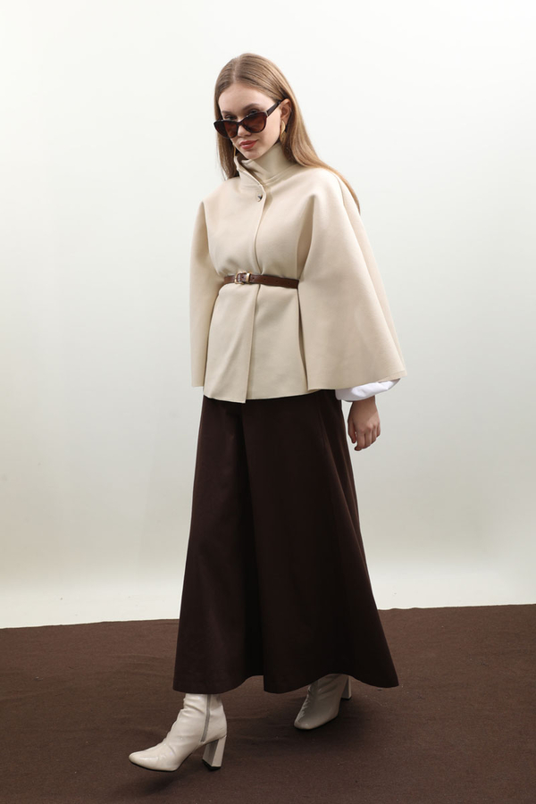 Kemerli Kısa Panço Ekru - 5