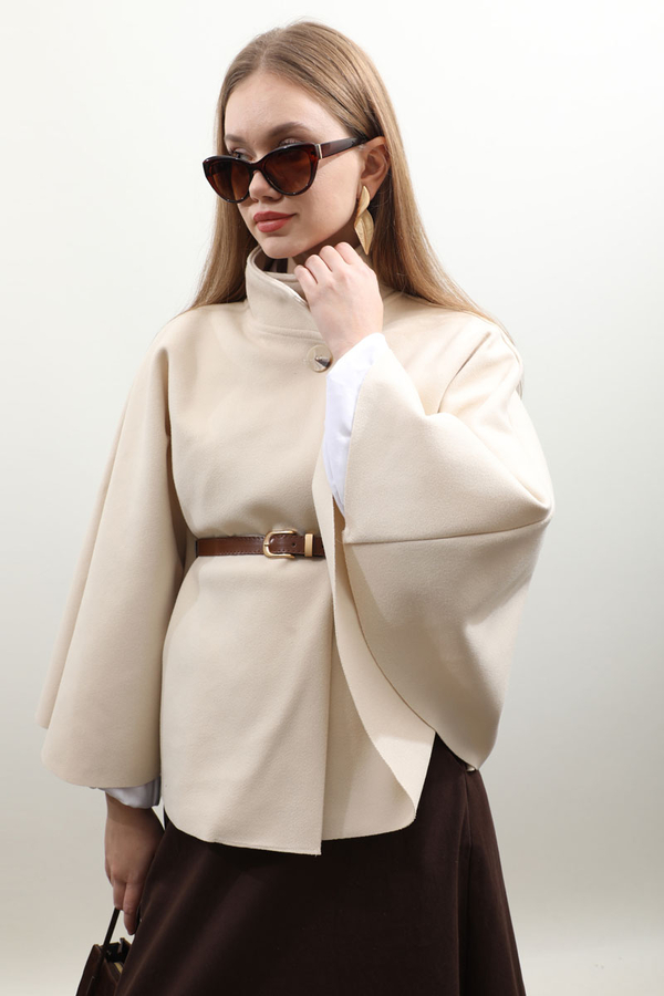 Kemerli Kısa Panço Ekru - 7