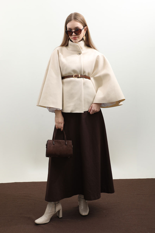 Kemerli Kısa Panço Ekru - 4