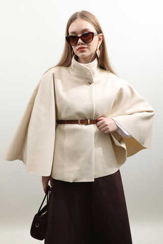 Kemerli Kısa Panço Ekru - 6