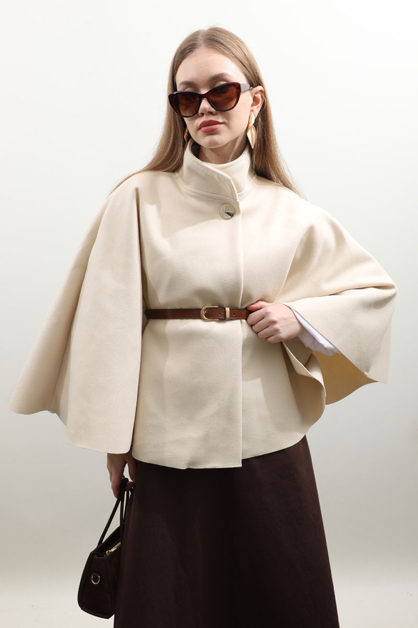 Kemerli Kısa Panço Ekru - 6