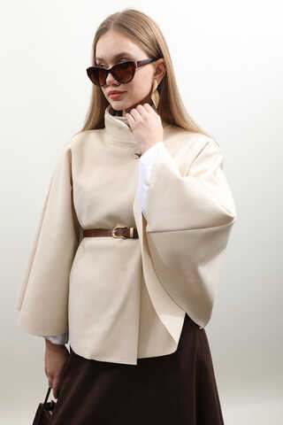 Kemerli Kısa Panço Ekru - 7