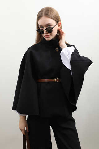 Kemerli Kısa Panço Siyah - 5