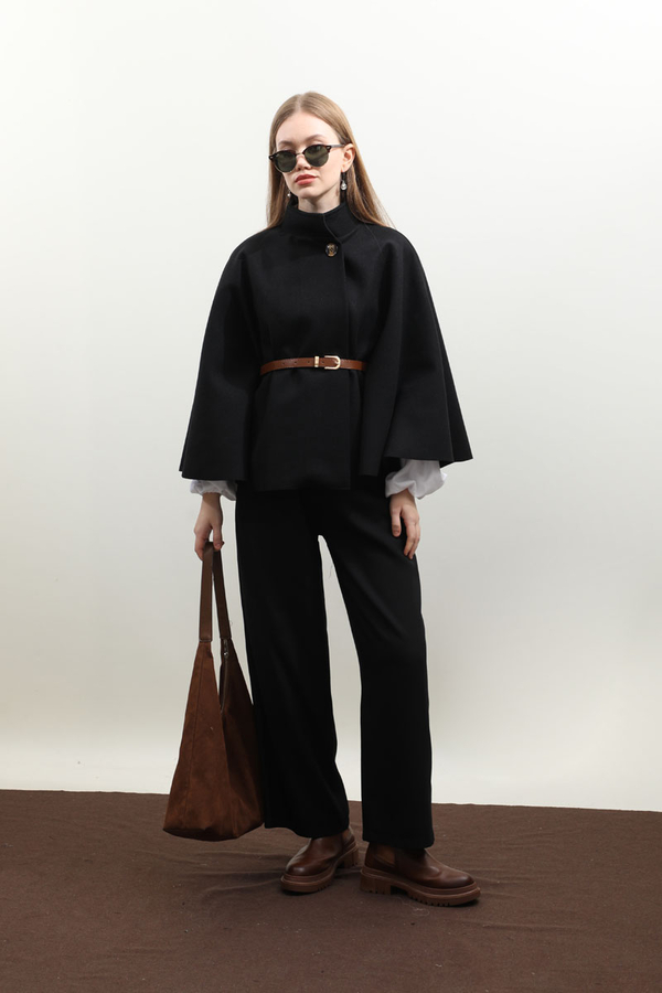 Kemerli Kısa Panço Siyah - 2