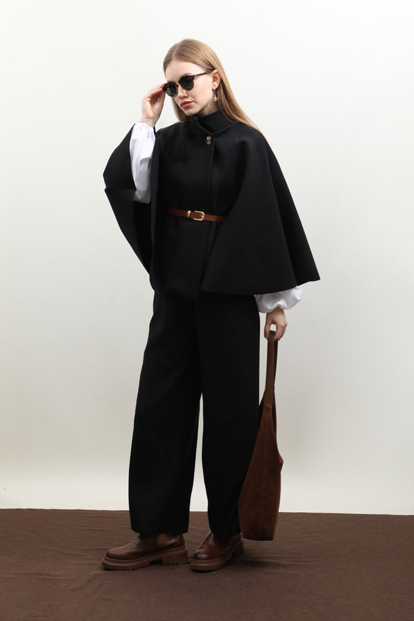 Kemerli Kısa Panço Siyah - 3