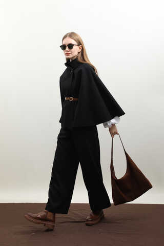 Kemerli Kısa Panço Siyah - 4