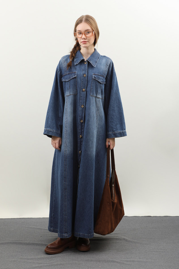 Kemerli Kot Elbise Açık Mavi - 2