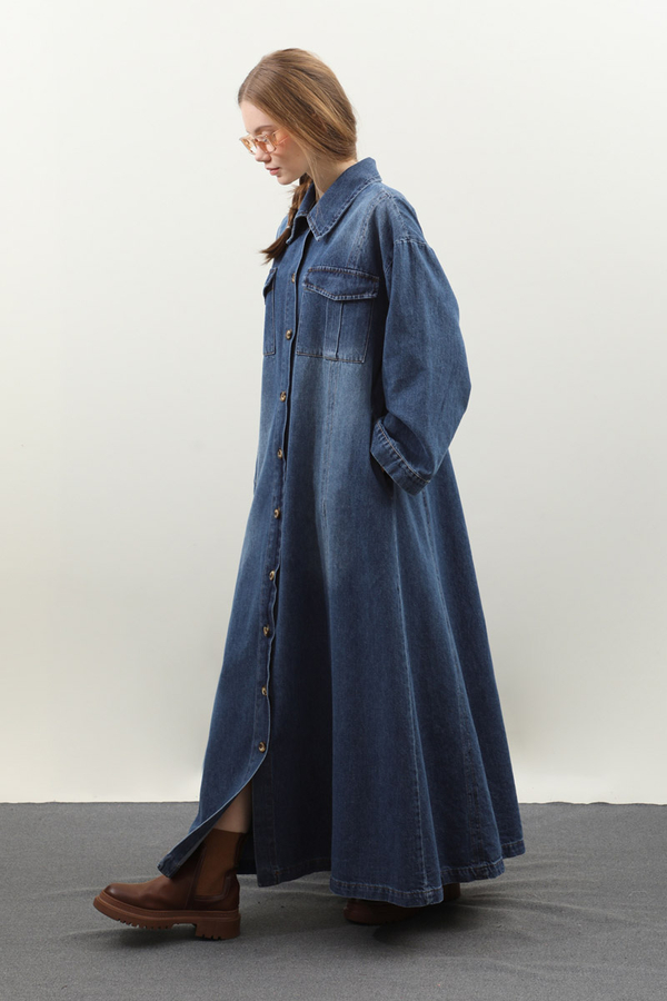 Kemerli Kot Elbise Açık Mavi - 4