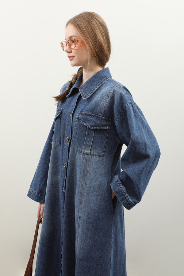 Kemerli Kot Elbise Açık Mavi - 5