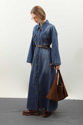 Kemerli Kot Elbise Açık Mavi - 7