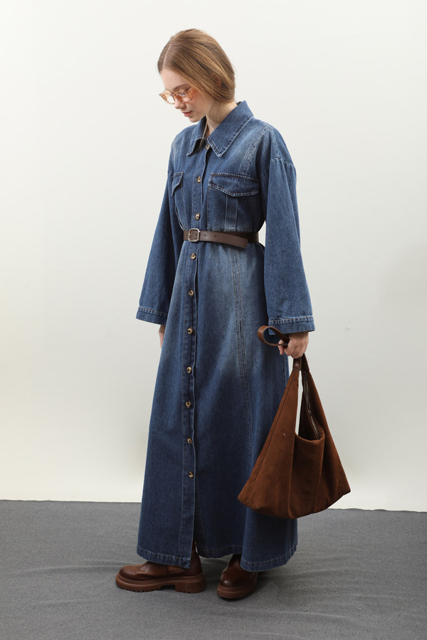 Kemerli Kot Elbise Açık Mavi - 7