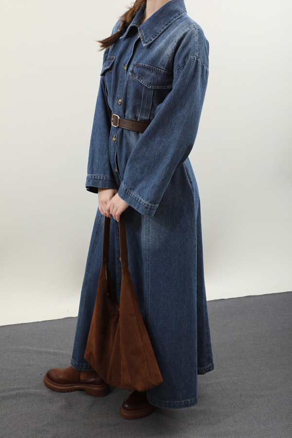 Kemerli Kot Elbise Açık Mavi - 8