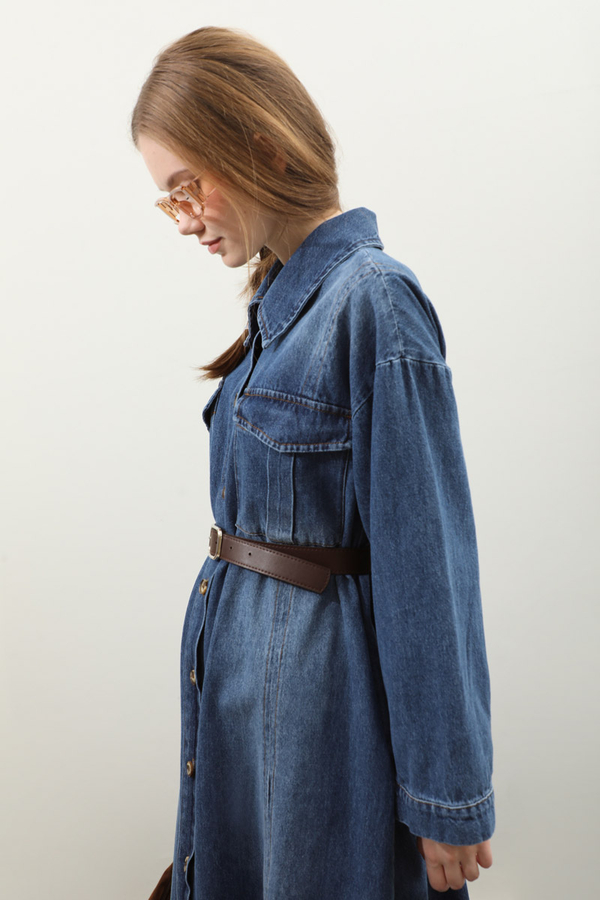 Kemerli Kot Elbise Açık Mavi - 10