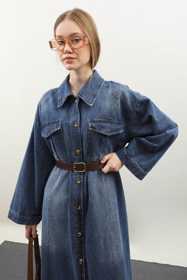 Kemerli Kot Elbise Açık Mavi - 11