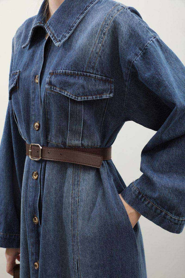 Kemerli Kot Elbise Açık Mavi - 12