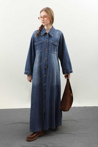 Kemerli Kot Elbise Açık Mavi - 3