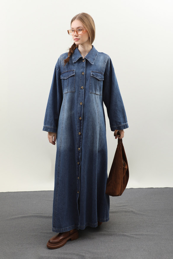 Kemerli Kot Elbise Açık Mavi - 3