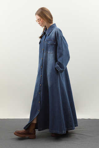 Kemerli Kot Elbise Açık Mavi - 4