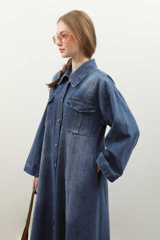 Kemerli Kot Elbise Açık Mavi - 5