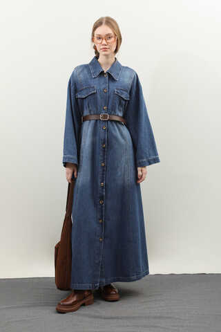 Kemerli Kot Elbise Açık Mavi - 1