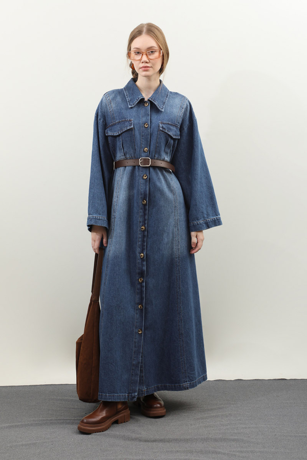 Kemerli Kot Elbise Açık Mavi - 1