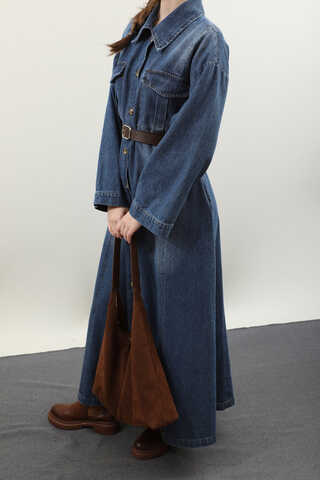 Kemerli Kot Elbise Açık Mavi - 8