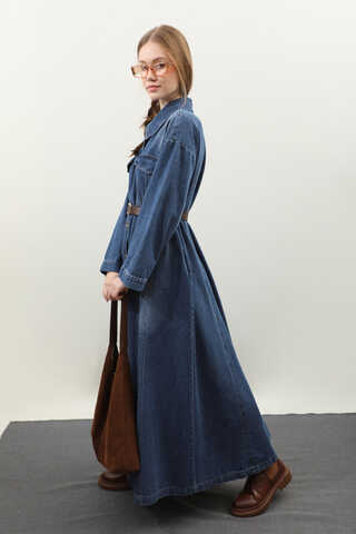 Kemerli Kot Elbise Açık Mavi - 9