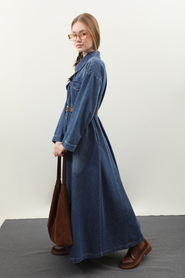 Kemerli Kot Elbise Açık Mavi - 9