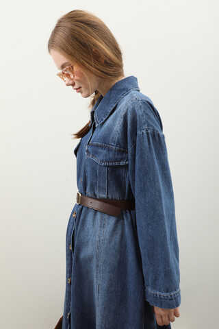 Kemerli Kot Elbise Açık Mavi - 10