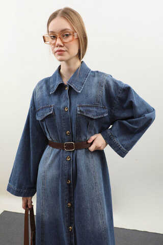 Kemerli Kot Elbise Açık Mavi - 11