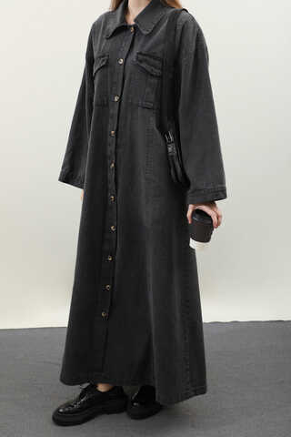 Kemerli Kot Elbise Antrasit - 4