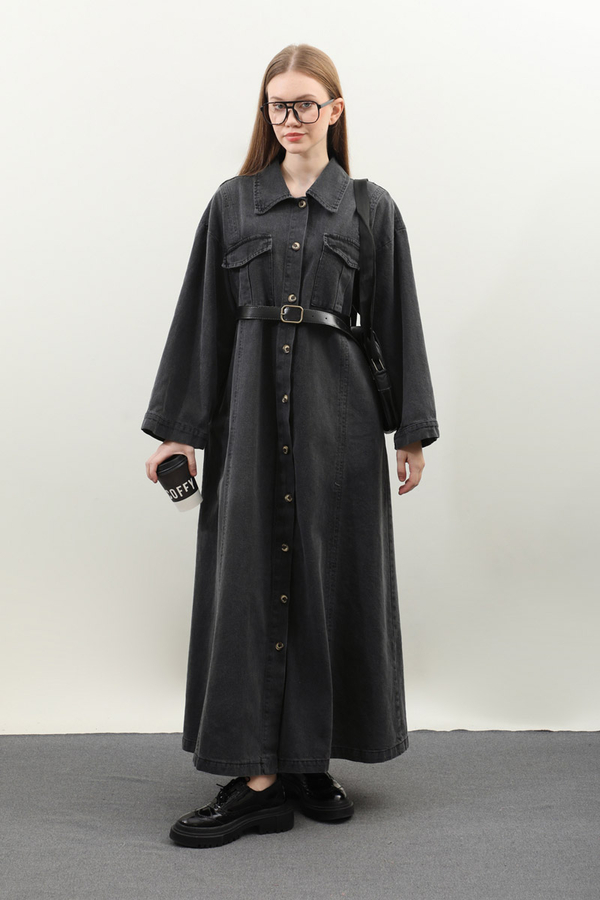 Kemerli Kot Elbise Antrasit - 5